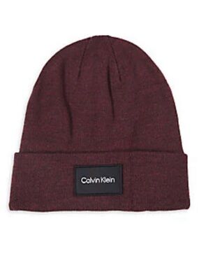 Calvin Klein Men’s Woven Patch Beanie - Burgundy Knit Hat - NWT